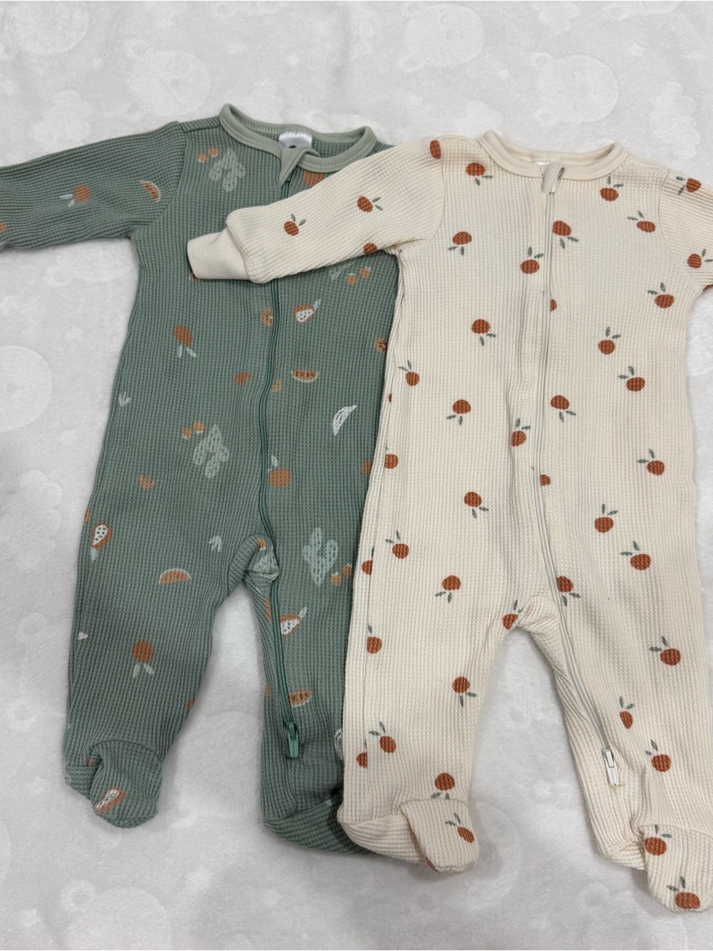 Gerber Green and Cream Knit Footed One-Pieces with Orange Fruit Print